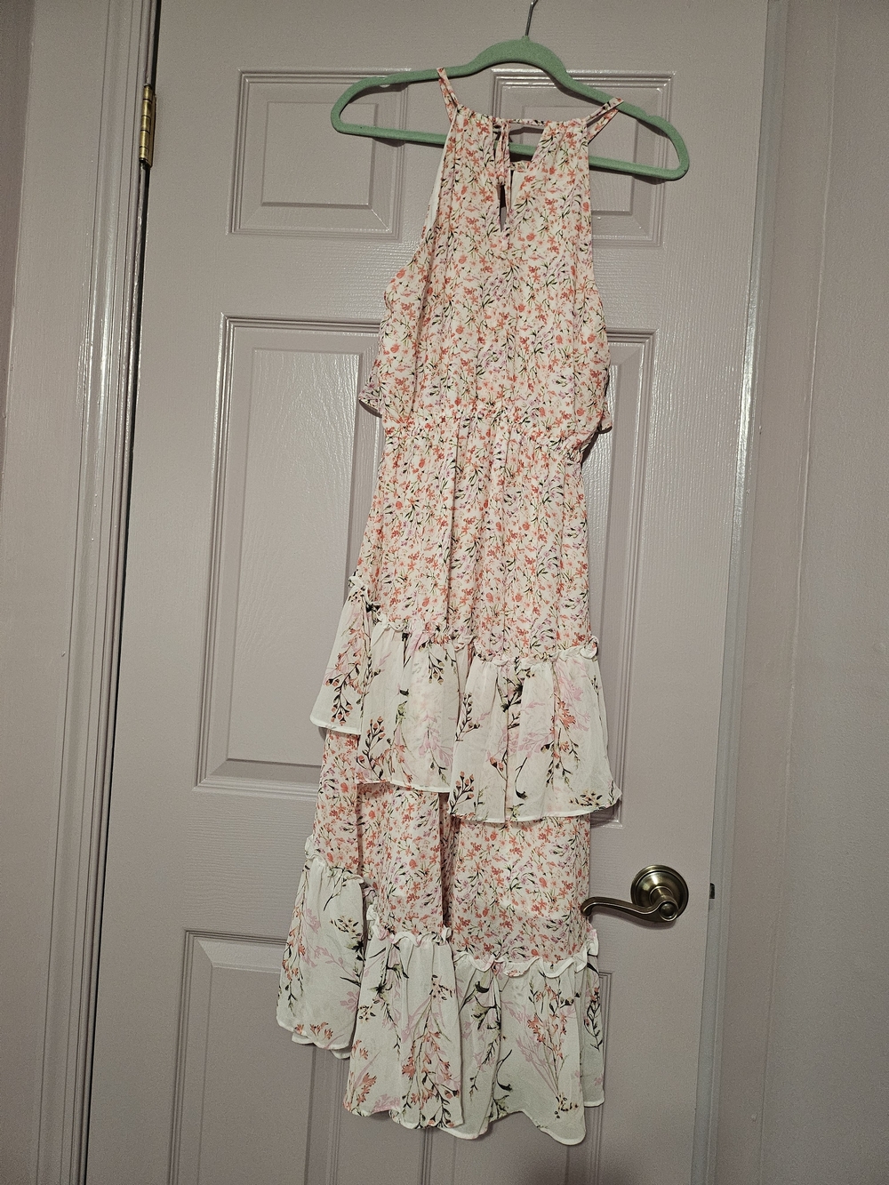 New York & Company Cream and Pink Floral Tiered Maxi Dress